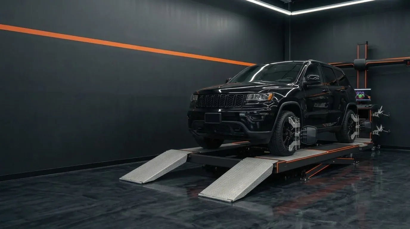 SUV on a wheel alignment rack with sensors attached to each wheel