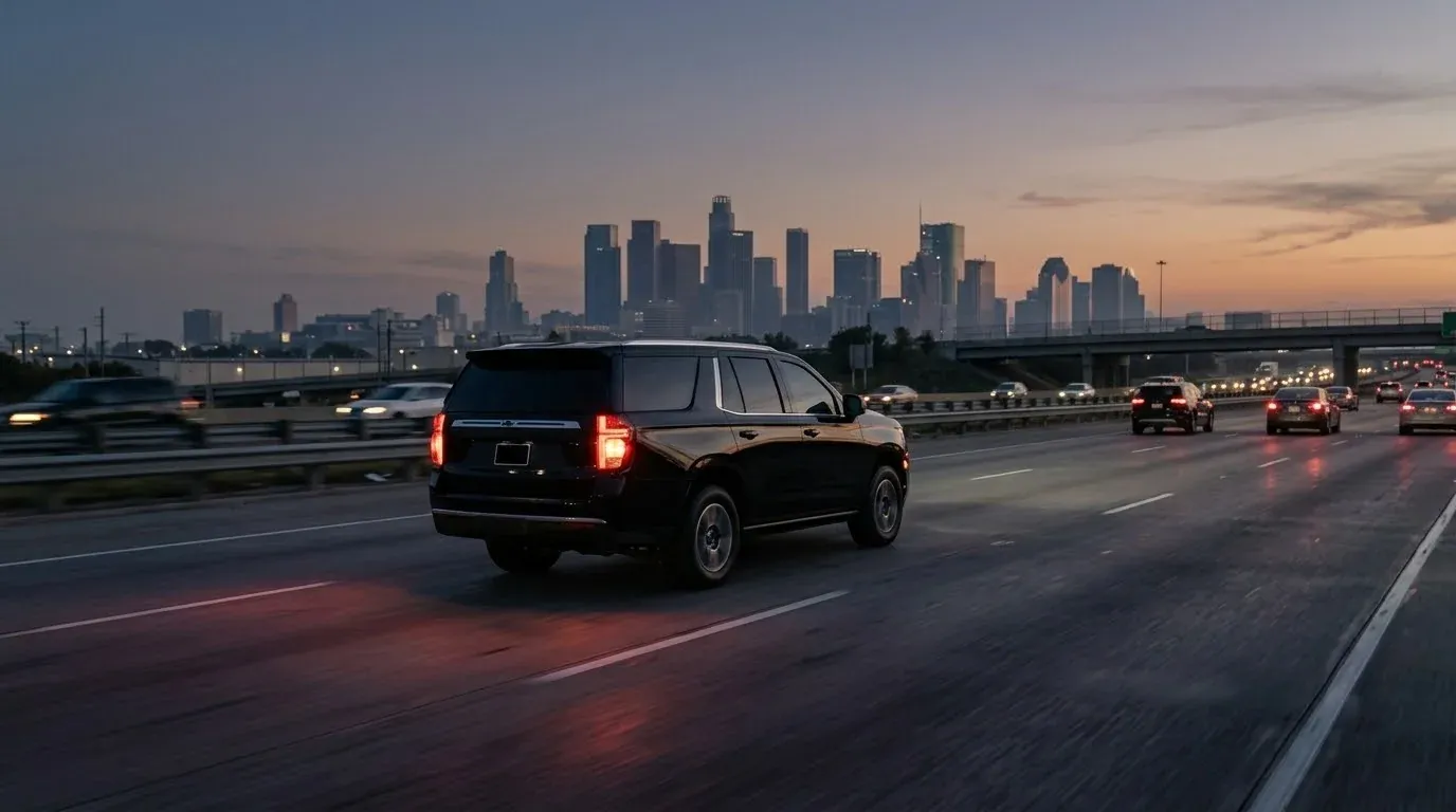 Vehicle driving on a highway in the Houston area at dusk