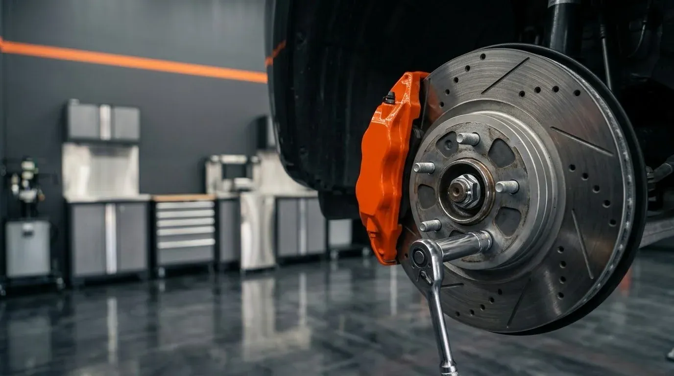 Brake rotor and caliper on a vehicle during brake repair