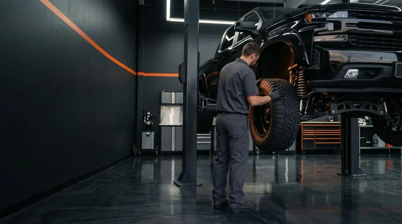 Technician inspecting the suspension of a lifted truck in an auto repair shop in Cypress, TX