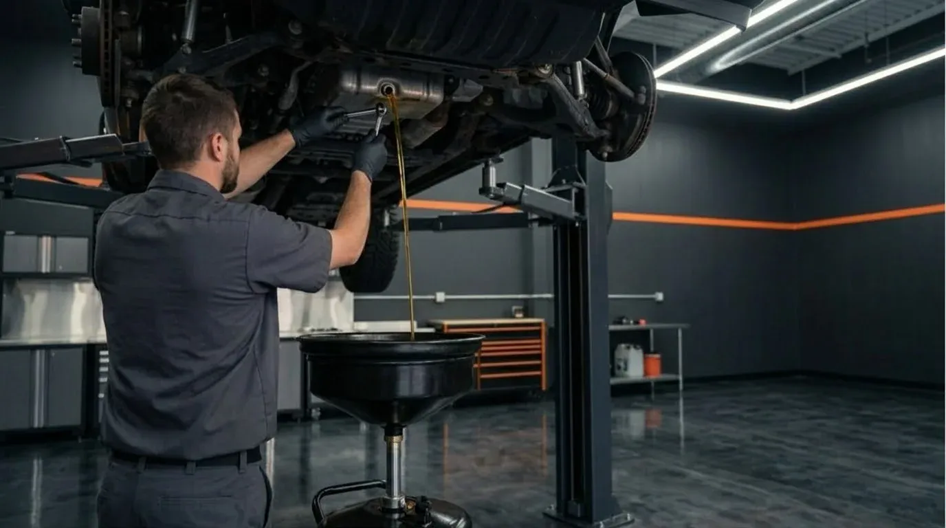 Technician performing an oil change under a vehicle on a lift