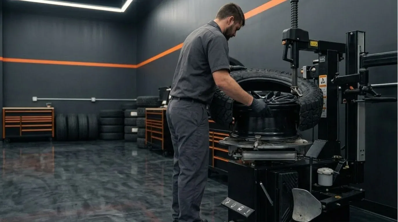 Technician mounting a tire on a wheel with a tire changing machine